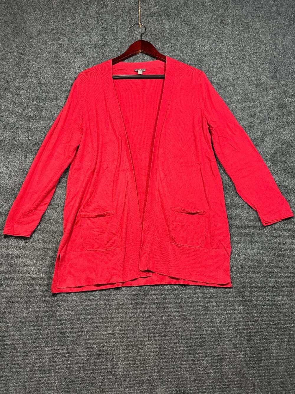 J Jill Sweater Womens Medium Red Open Cardigan Long Sleeve Pockets Split Hem